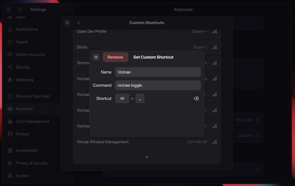 Create a shortcut to toggle Vicinae on GNOME