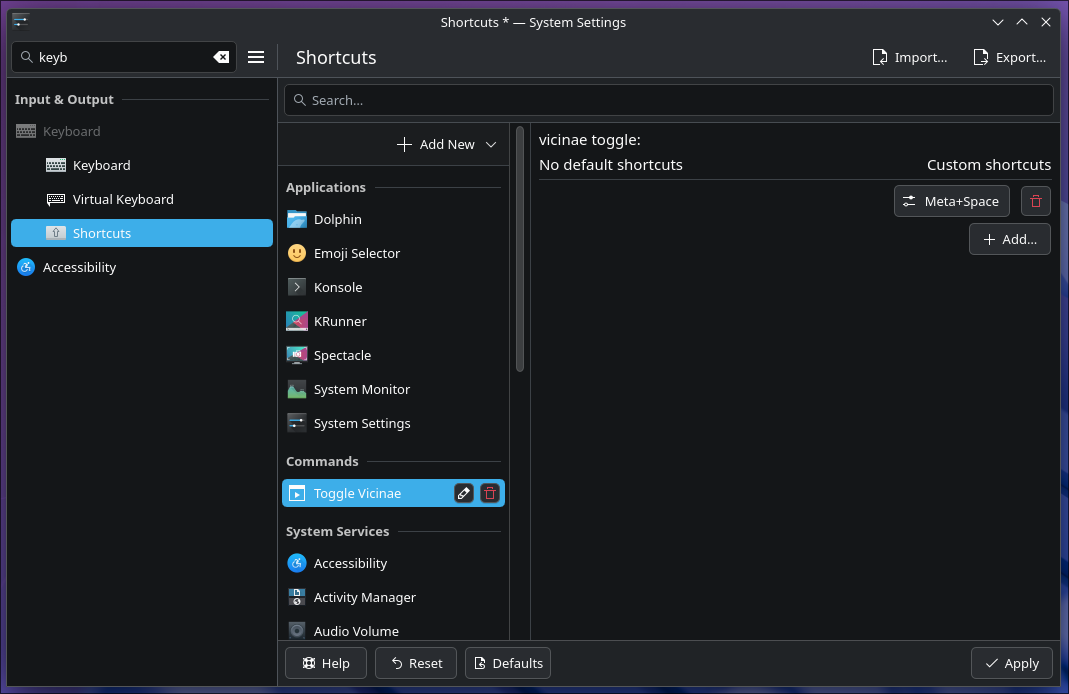 Create a shortcut to toggle Vicinae on KDE